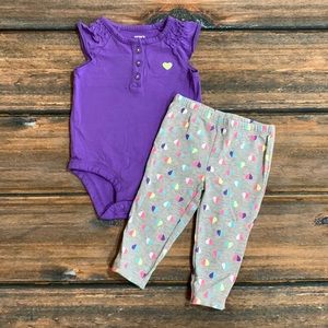 Carter’s 6mo Girls 2-piece Set -Purple Bodysuit with Multicolor Heart Gray Pants